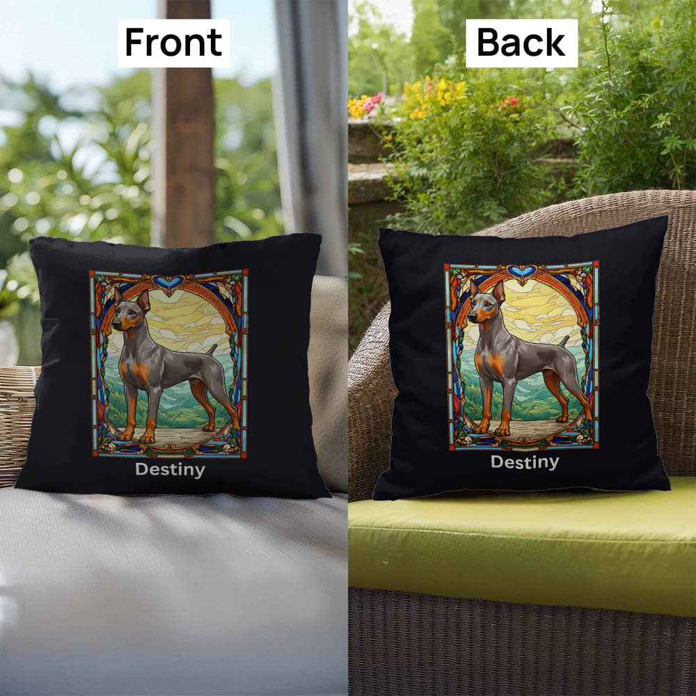 Doberman Pinscher (Fawn [Isabella] & Rust) Indoor/Outdoor Pillow - Personalized Stained Glass Dog Tribute & Comfort Gift
