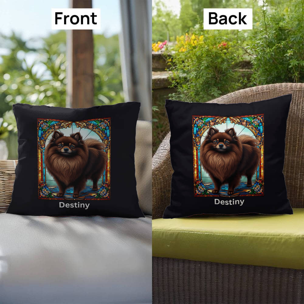 Pomeranian (Chocolate) Indoor/Outdoor Pillow - Personalized Stained Glass Dog Tribute & Comfort Gift