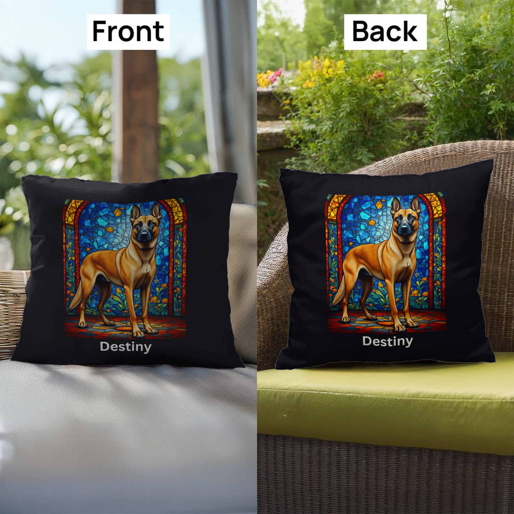 Belgian Malinois (Fawn) Indoor/Outdoor Pillow - Personalized Stained Glass Dog Tribute & Comfort Gift