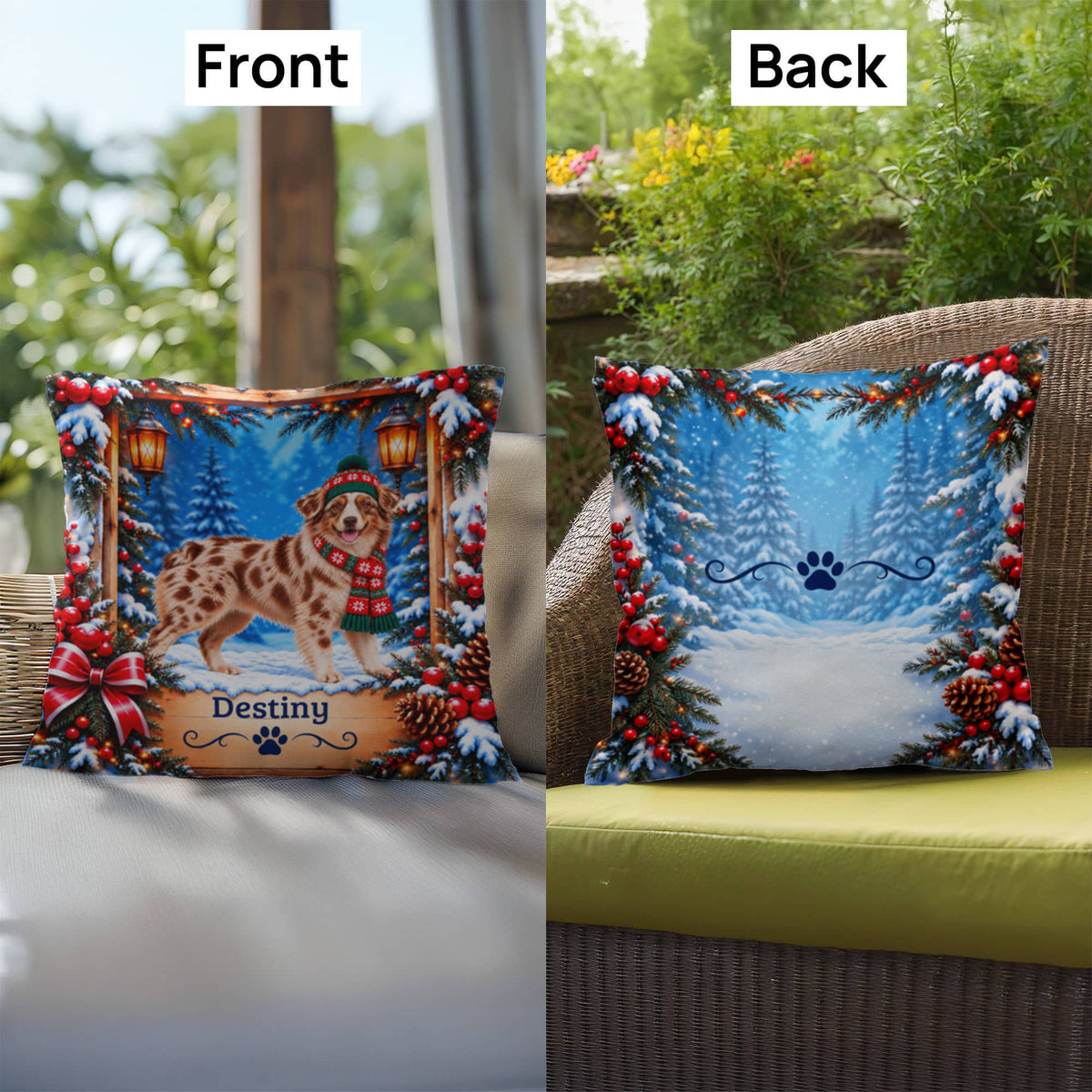Australian Shepherd (Red Merle Coat, Amber Eyes) - Personalized Dog Name Pillow, Winter Home Gift