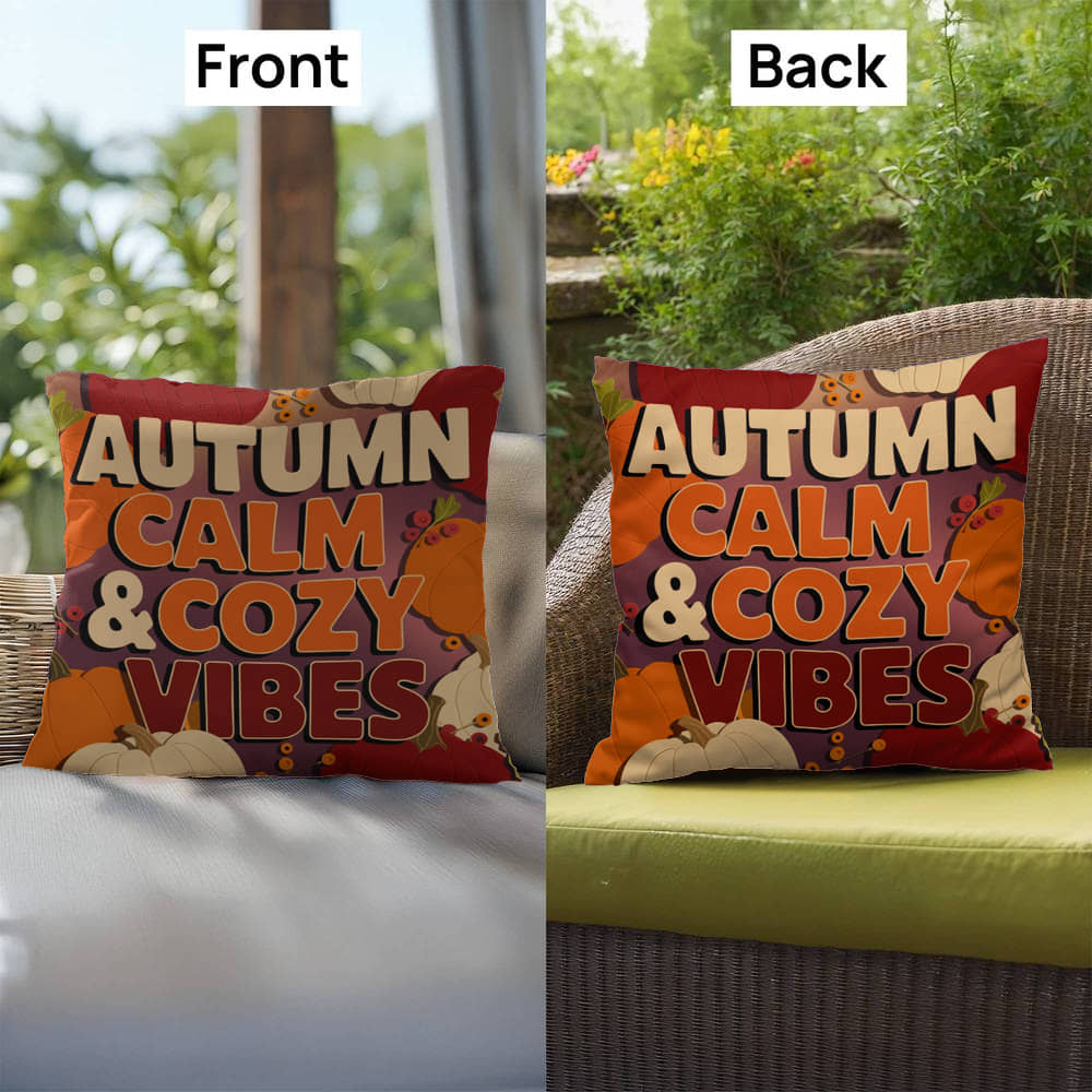 Autumn Calm & Cozy Vibes throw pillow in bright fall colors with mindful quote for Thanksgiving home décor