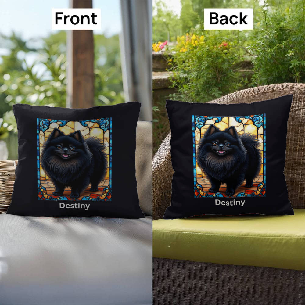 Pomeranian (Black) Indoor/Outdoor Pillow - Personalized Stained Glass Dog Tribute & Comfort Gift