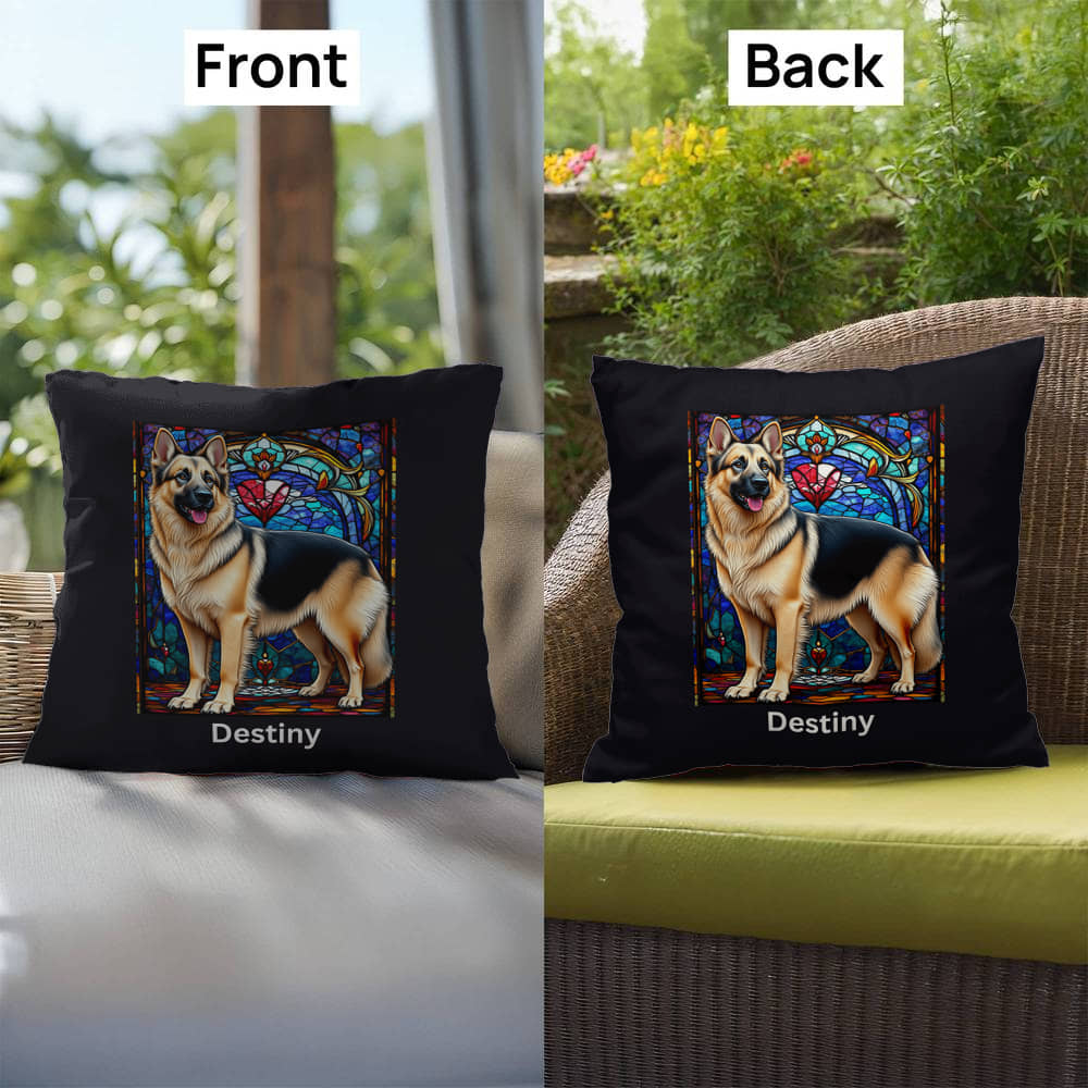 German Shepherd (Black and Cream) Indoor/Outdoor Pillow - Personalized Stained Glass Dog Tribute & Comfort Gift