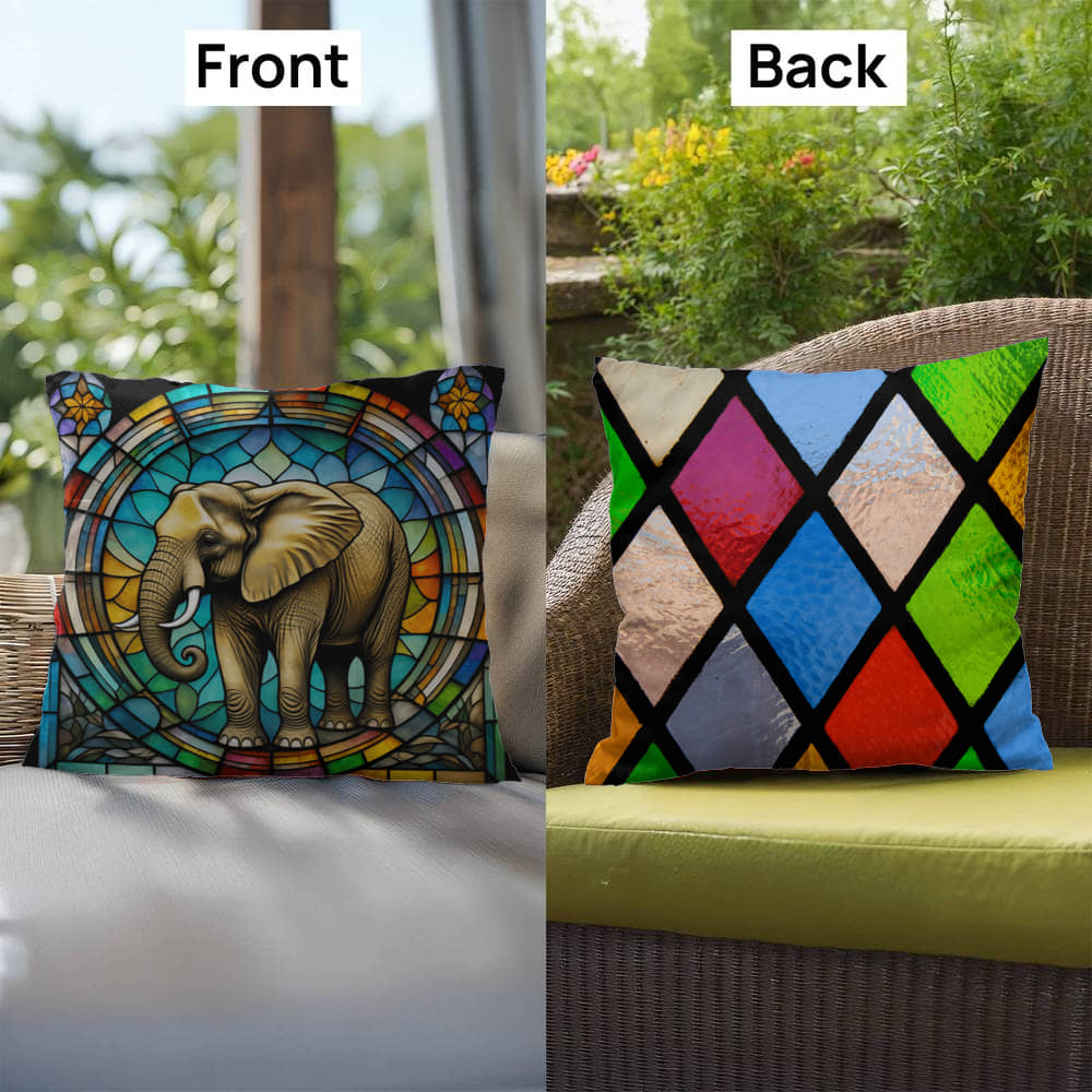 Elephant stained glass throw pillow, safari wildlife home decor, indoor outdoor accent cushion