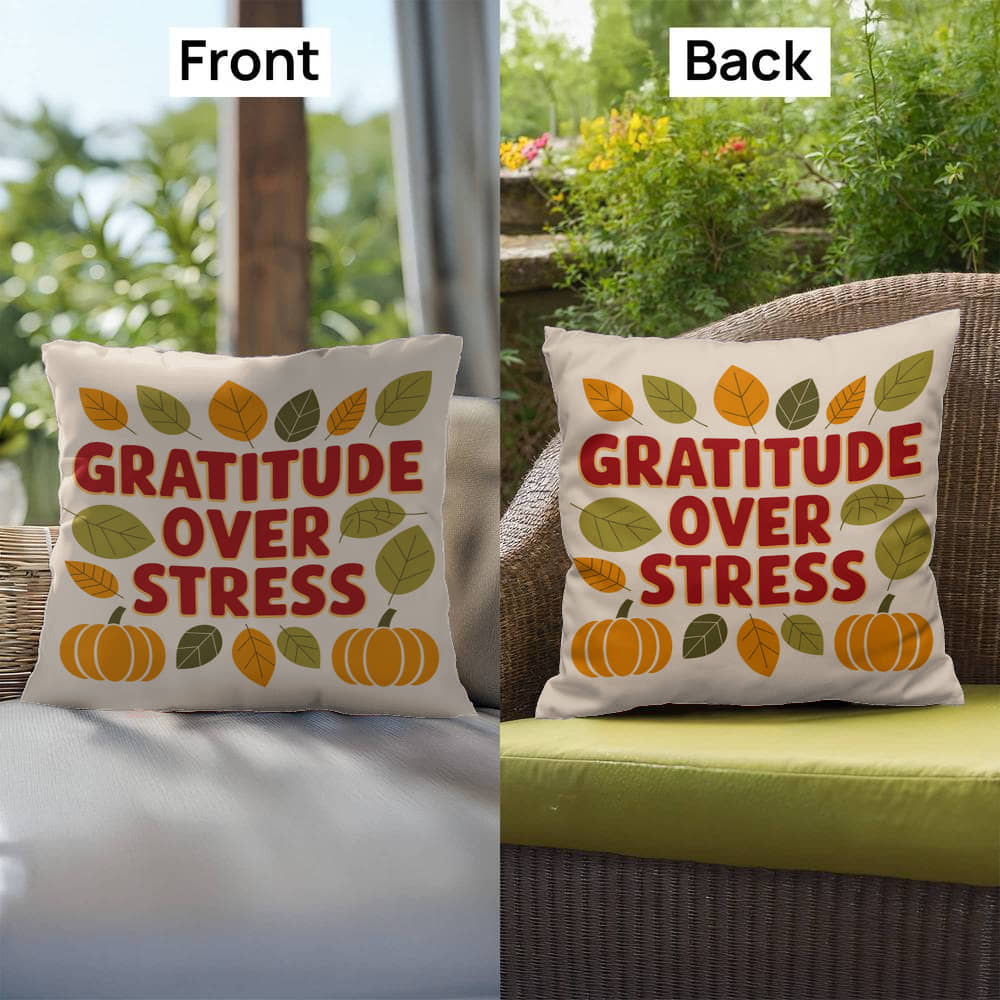 Gratitude Over Stress pillow featuring uplifting Thanksgiving mindfulness message for cozy home décor