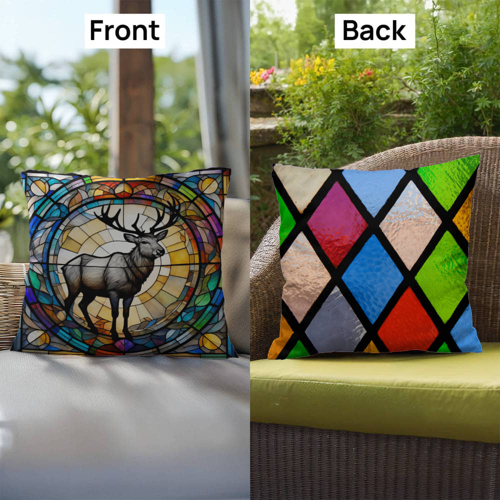 Reindeer stained glass throw pillow, holiday wildlife decor, indoor outdoor accent cushion