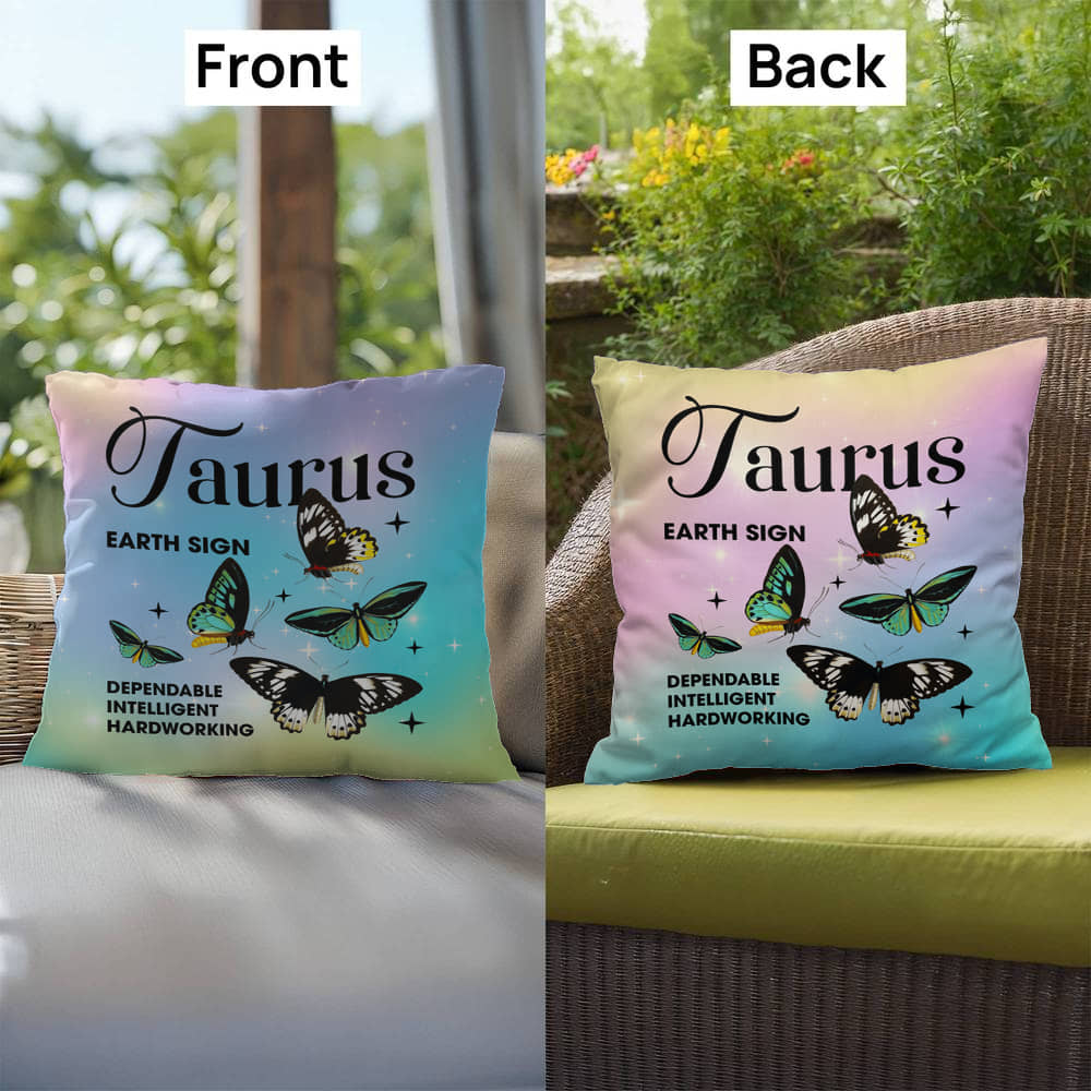 Taurus Butterfly Indoor/Outdoor Pillow – Zodiac Astrology Decor, Boho Accent for Home & Patio