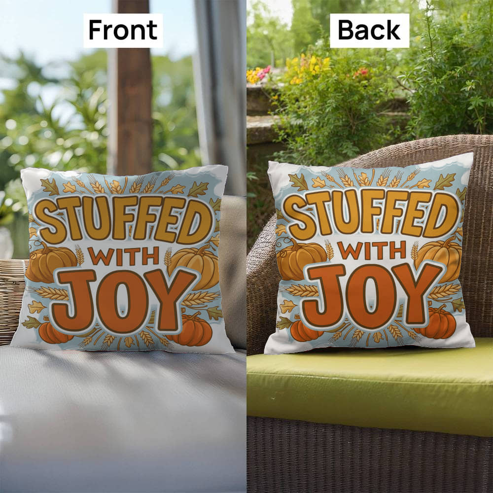 Stuffed With Joy pillow in autumn colors with mindful gratitude quote for cozy Thanksgiving décor