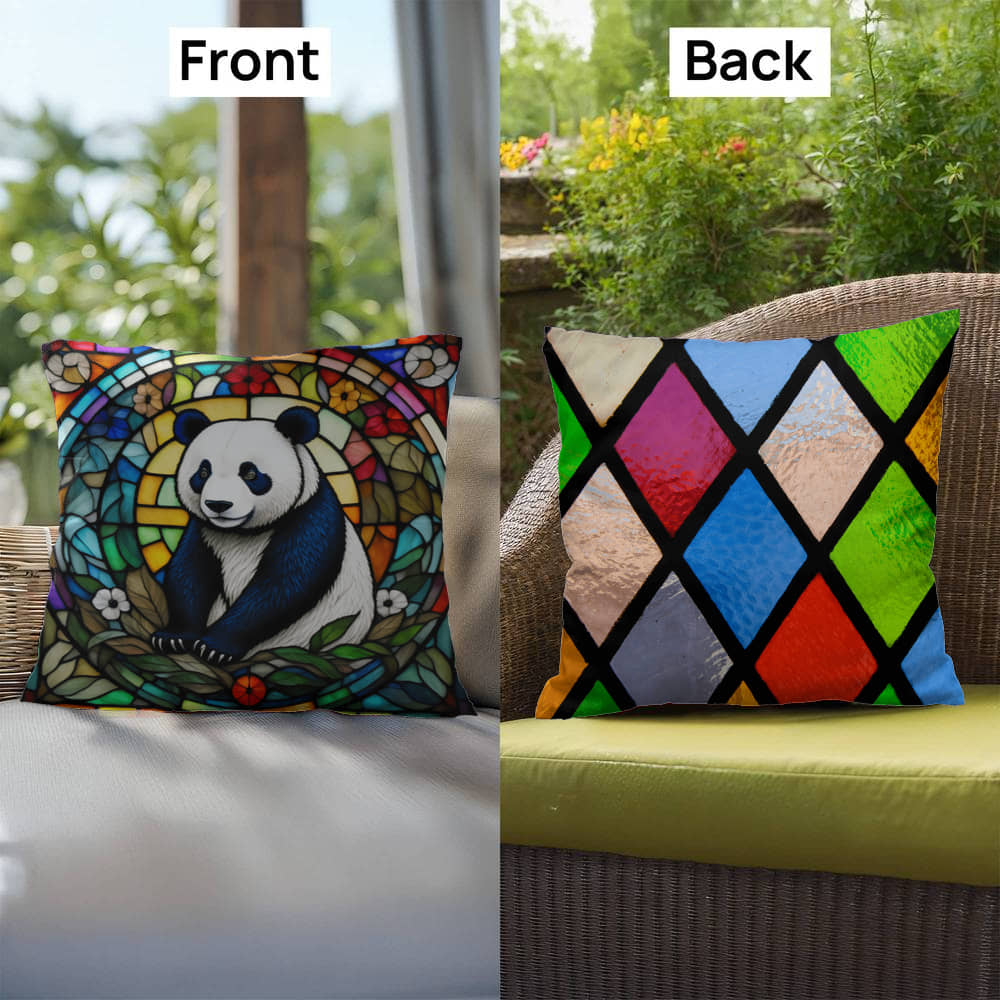 Panda stained glass throw pillow, wildlife animal decor, indoor outdoor cozy home accent