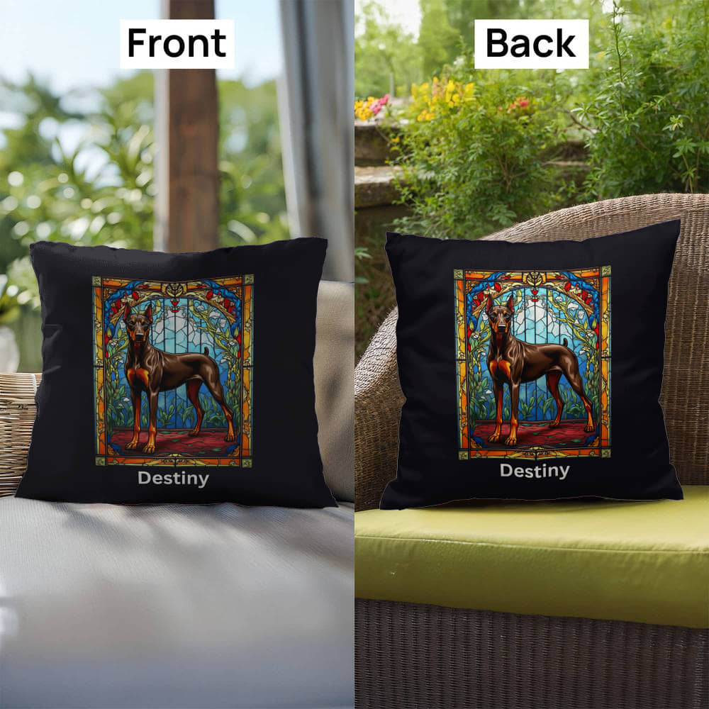 Doberman Pinscher (Brown & Rust) Indoor/Outdoor Pillow - Personalized Stained Glass Dog Tribute & Comfort Gift
