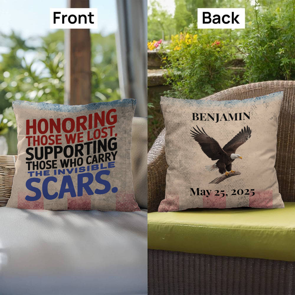 Honoring Those We Lost custom tribute pillow for military remembrance, Memorial Day, and PTSD mental health support