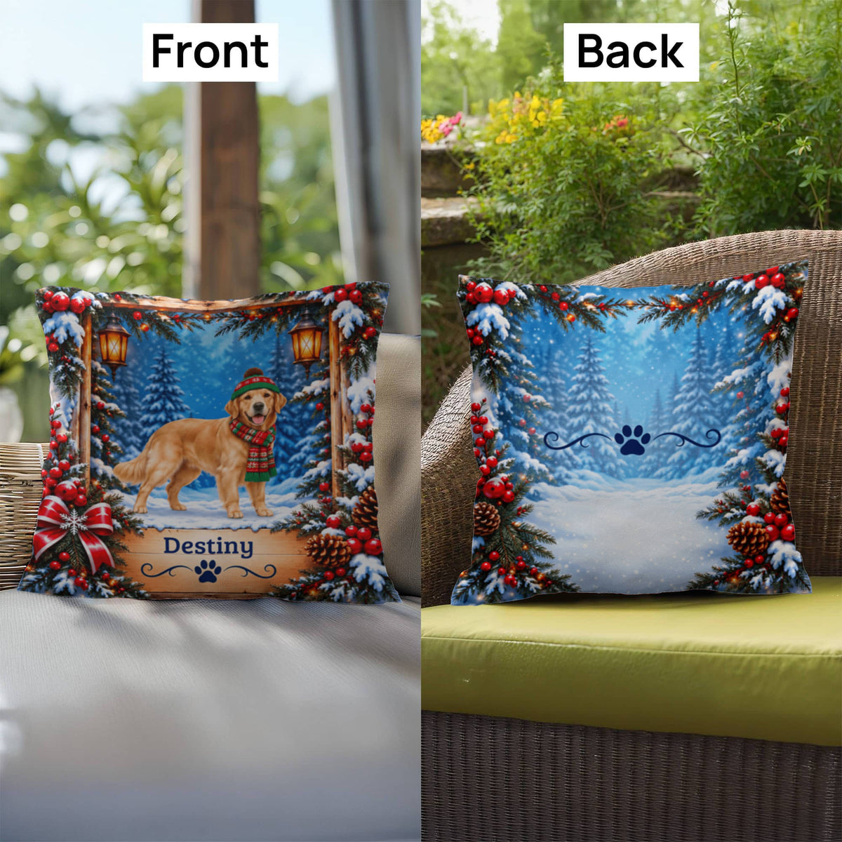 Golden Retriever (Light Golden Coat) - Personalized Snowy Woodland Pillow, Custom Dog Name Gift
