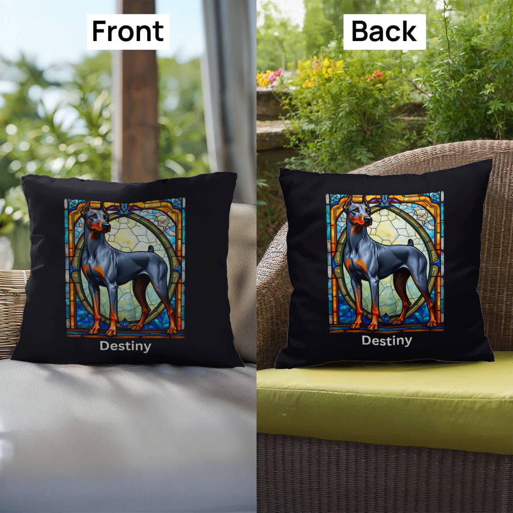 Doberman Pinscher (Blue & Rust) Indoor/Outdoor Pillow - Personalized Stained Glass Dog Tribute & Comfort Gift