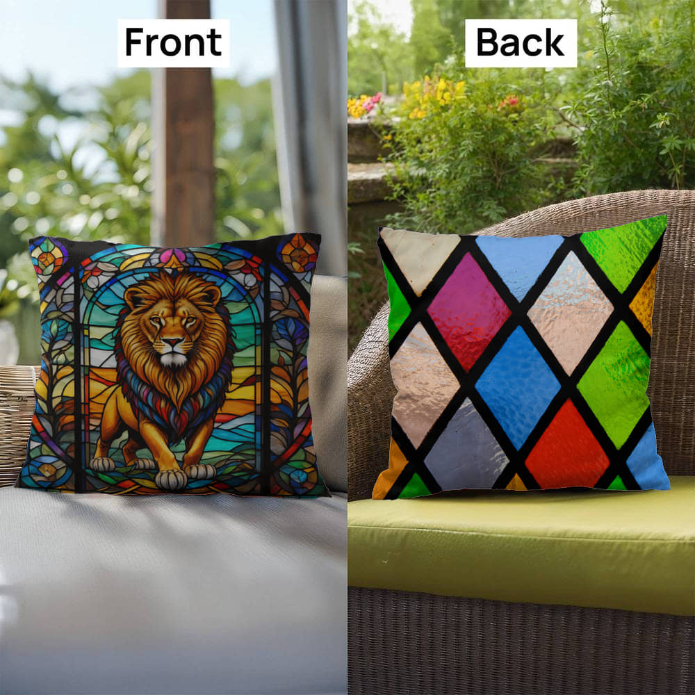 Lion stained glass throw pillow, safari wildlife home decor, indoor outdoor accent cushion