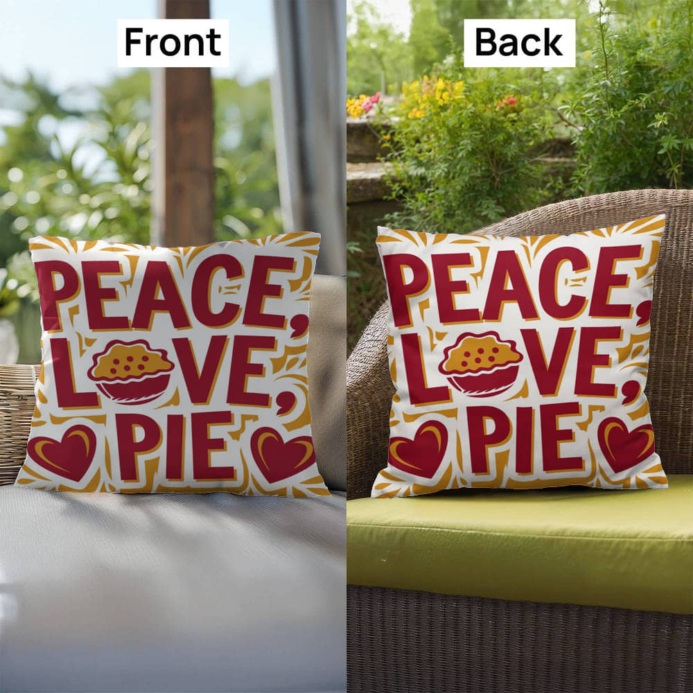 Peace, Love, Pie throw pillow with colorful fall design and mindfulness quote for seasonal comfort