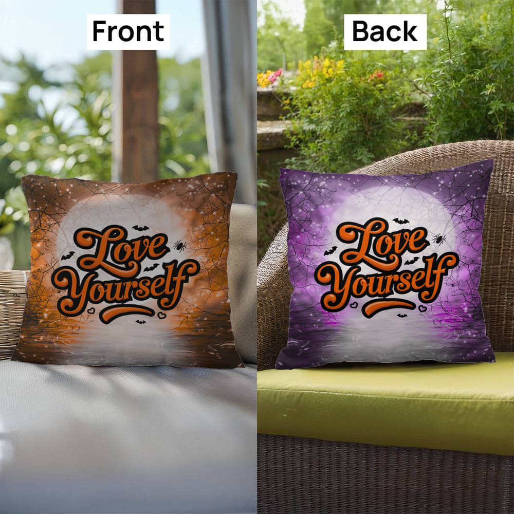Halloween indoor/outdoor pillow with “Love Yourself” for mental health and self-love décor