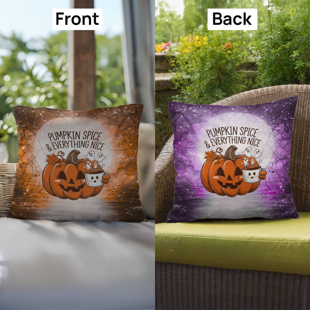 Halloween indoor/outdoor throw pillow with pumpkin spice theme for cozy fall décor