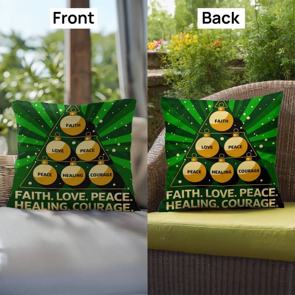 Faith, Love, Peace, Healing, Courage Throw Pillow - Motivational Christmas décor for inner peace