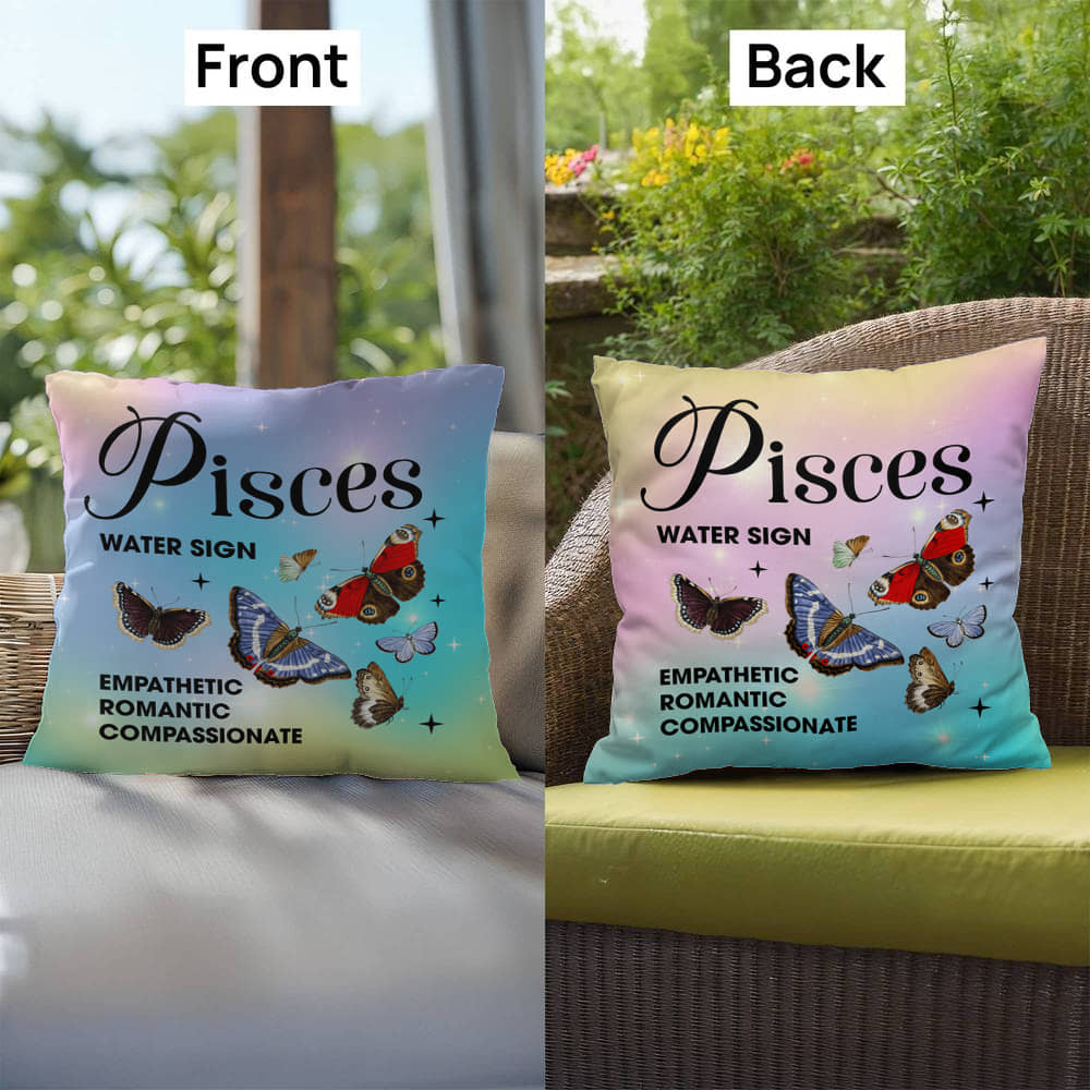 Pisces Butterfly Indoor/Outdoor Pillow – Zodiac Astrology Decor, Boho Accent for Home & Patio