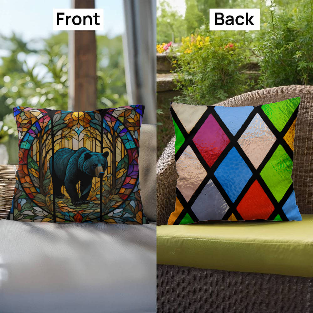 Bear stained glass throw pillow, indoor outdoor wildlife decor, cozy home accent for animal lovers