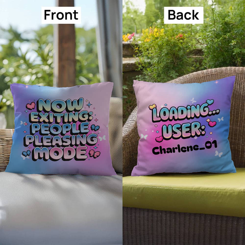 Custom Y2K pillow featuring "Now Exiting: People Pleasing Mode" in retro digital font with sparkles and butterflies on a bright white backdrop