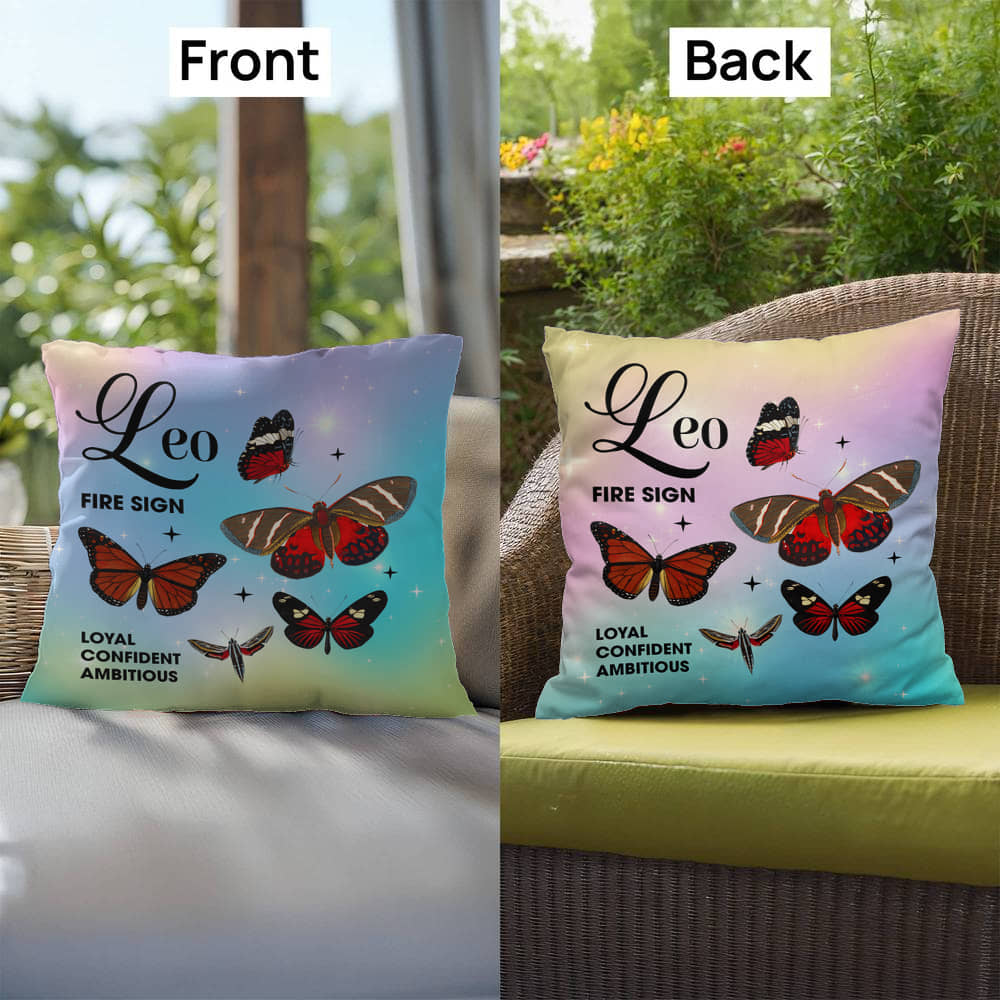 Leo Butterfly Indoor/Outdoor Pillow – Zodiac Astrology Decor, Boho Accent for Home & Patio