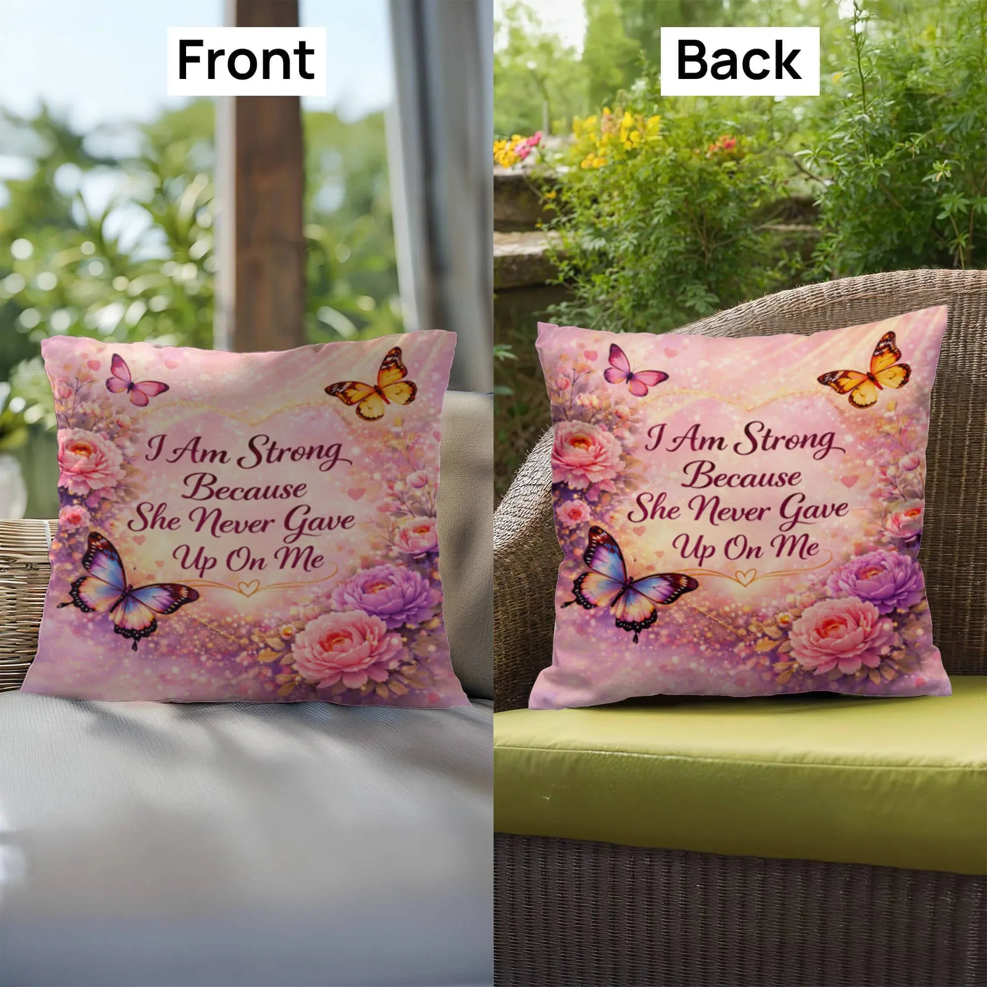 Shop our premium i am strong because she never gave up on me throw pillow from MySisterIsASurvivor.
