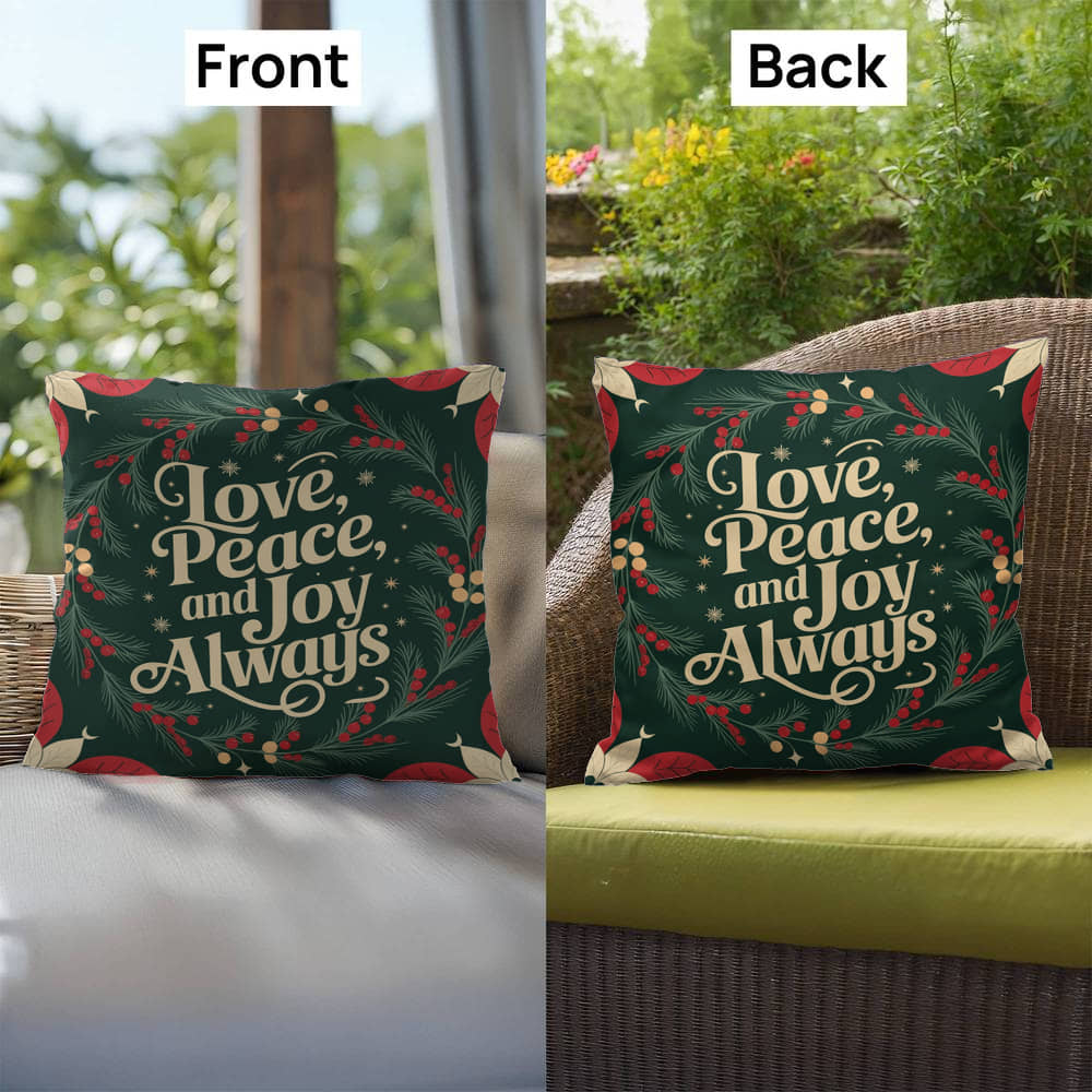 Love, Peace, and Joy Always Throw Pillow - Calm Christmas décor for mindfulness and comfort