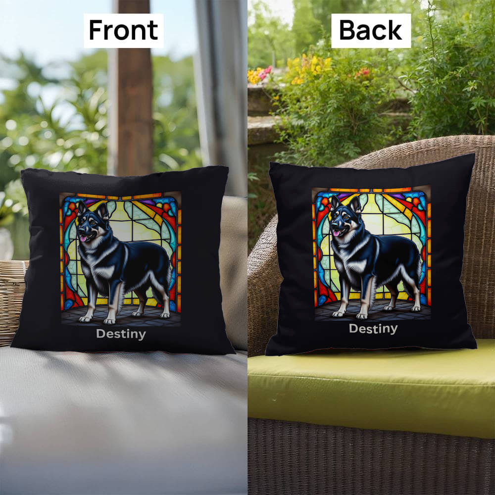 German Shepherd (Black and Silver) Indoor/Outdoor Pillow - Personalized Stained Glass Dog Tribute & Comfort Gift