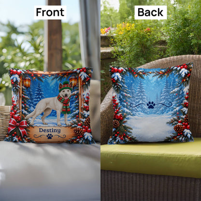 Belgian Malinois (White Coat) - Personalized Snowy Woodland Pillow, Custom Dog Name Winter Gift