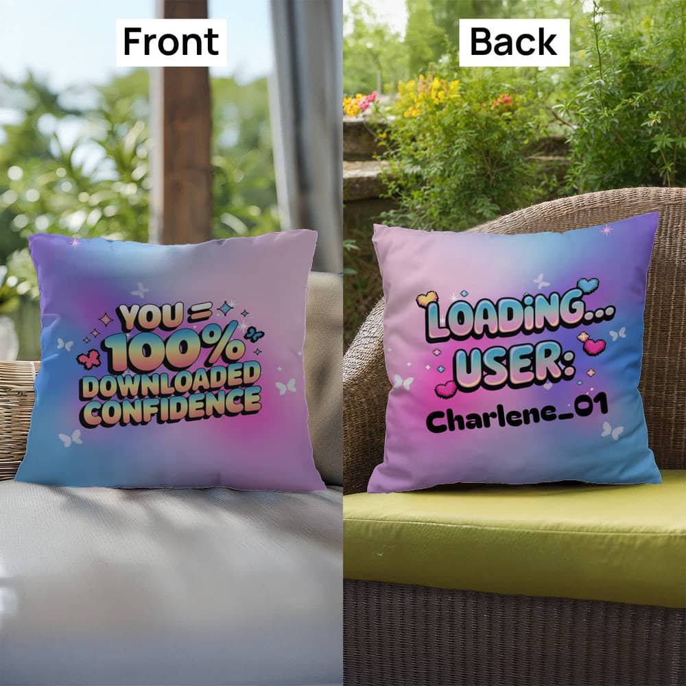 "100% Downloaded Confidence" statement pillow with customizable Y2K design and sparkly digital visuals in a soothing palette
