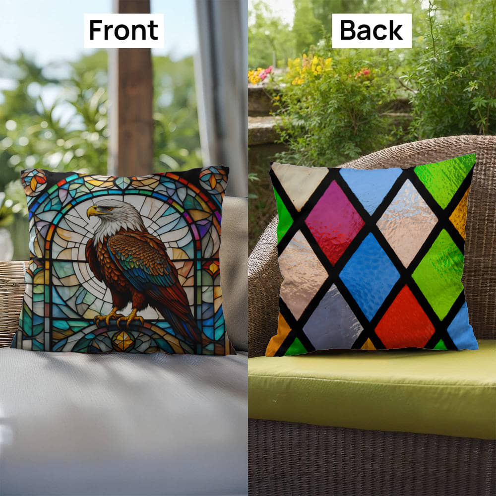 Eagle stained glass throw pillow, birds of prey wildlife decor, indoor outdoor home accent