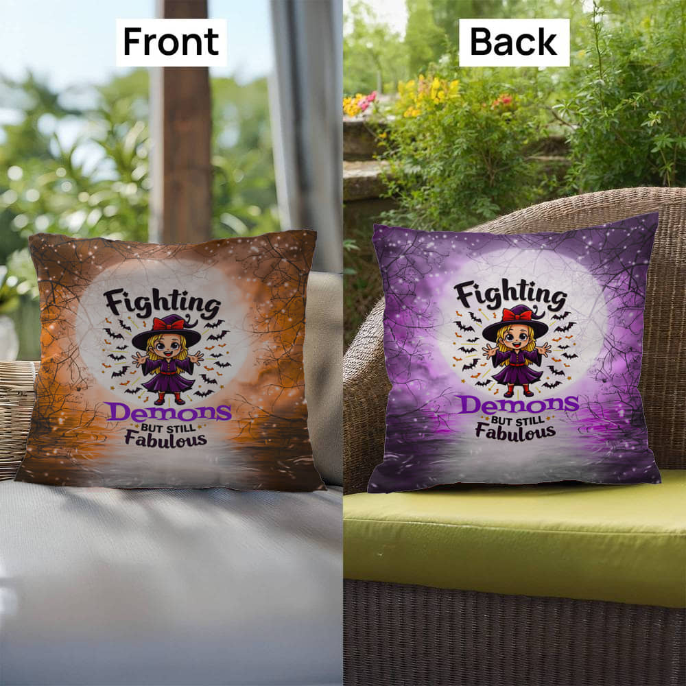 Halloween indoor/outdoor pillow with “Fighting Demons but still” for mental health and resilience