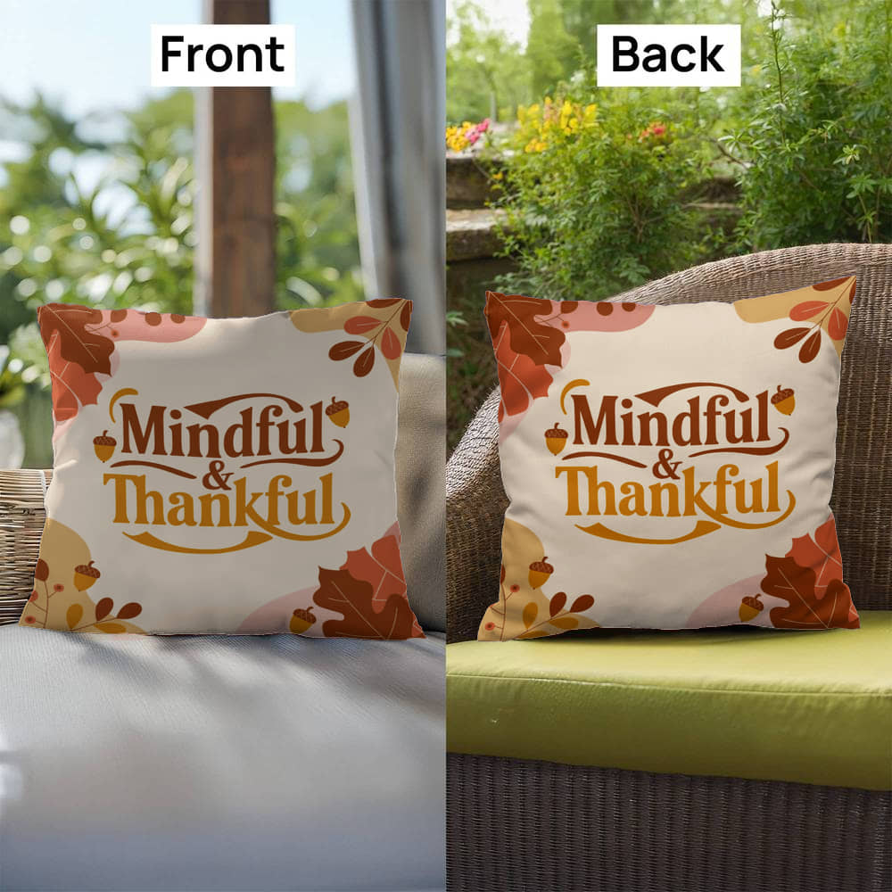 Mindful & Thankful throw pillow featuring inspirational fall quote for mindfulness and home comfort
