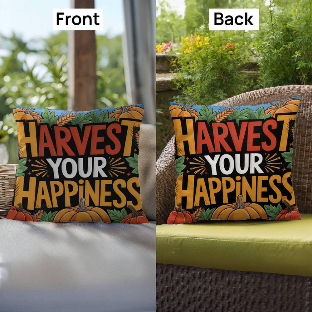 Harvest Your Happiness pillow in autumn hues with mindful Thanksgiving quote and cozy seasonal décor