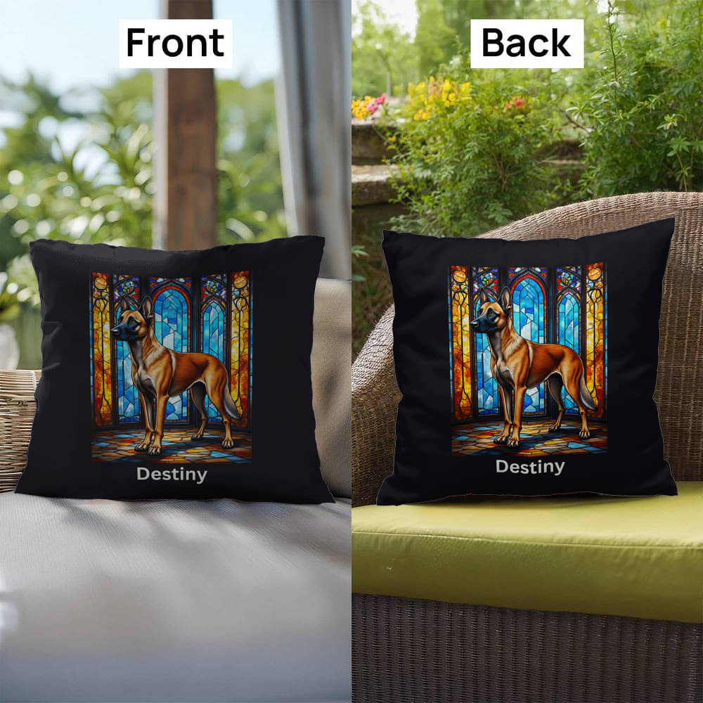 Belgian Malinois (Mahogany) Indoor/Outdoor Pillow - Personalized Stained Glass Dog Tribute & Comfort Gift