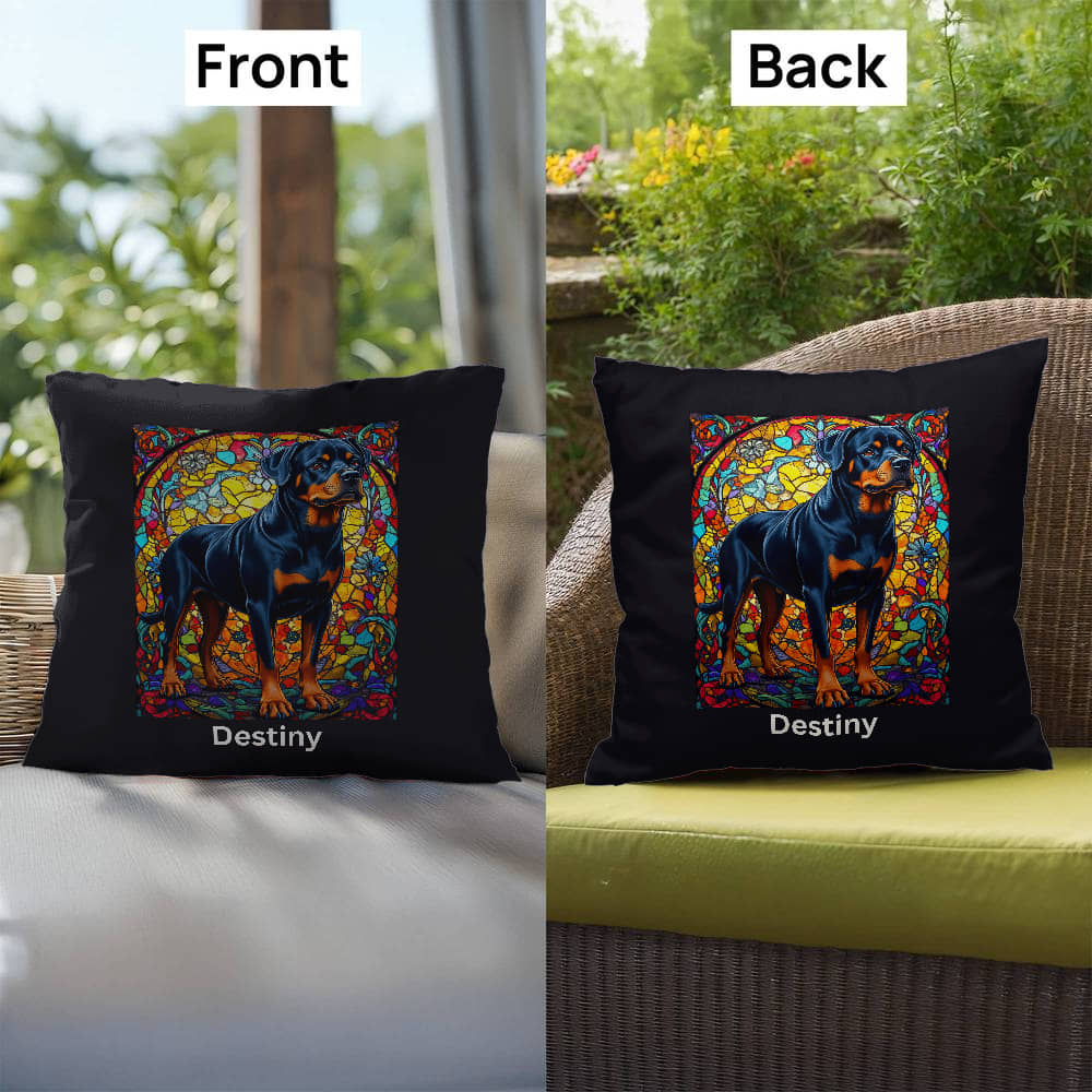 Rottweiler (Black and Rust) Indoor/Outdoor Pillow - Personalized Stained Glass Dog Tribute & Comfort Gift