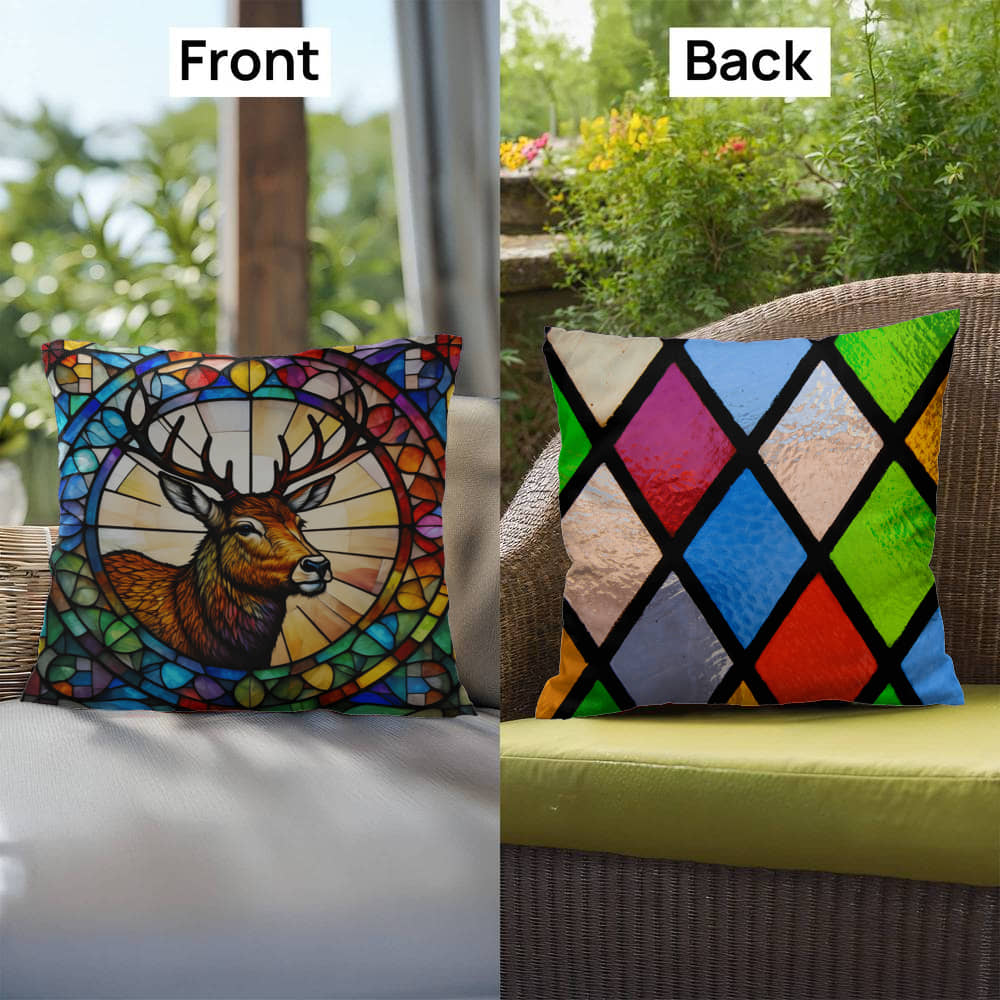 Deer stained glass throw pillow, woodland wildlife decor, indoor outdoor cozy home accent