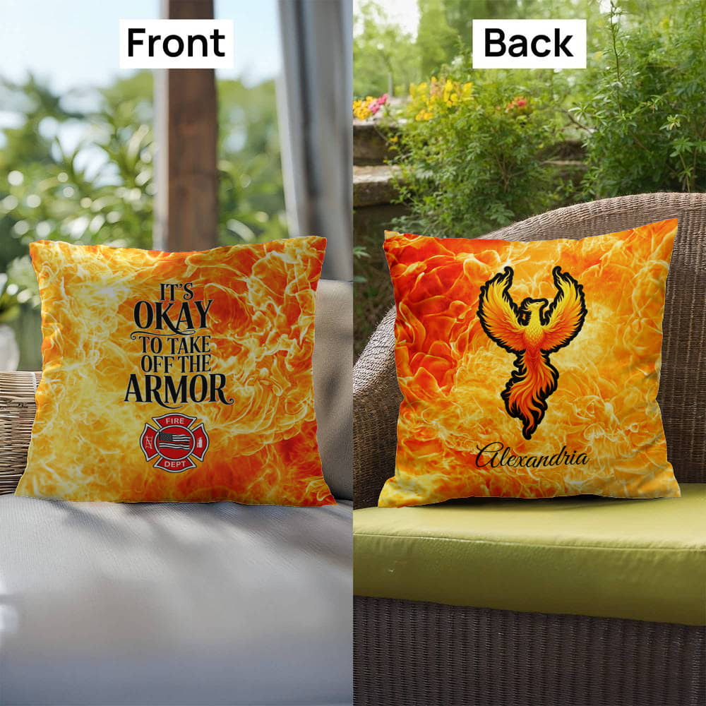 Pillow designed for first responders, encouraging them to take off their emotional armor and care for their mental health.