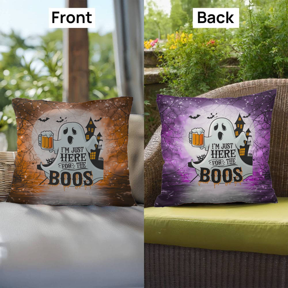 Ghost-themed indoor/outdoor Halloween pillow with “I’m Just Here For The Boos” for fun décor