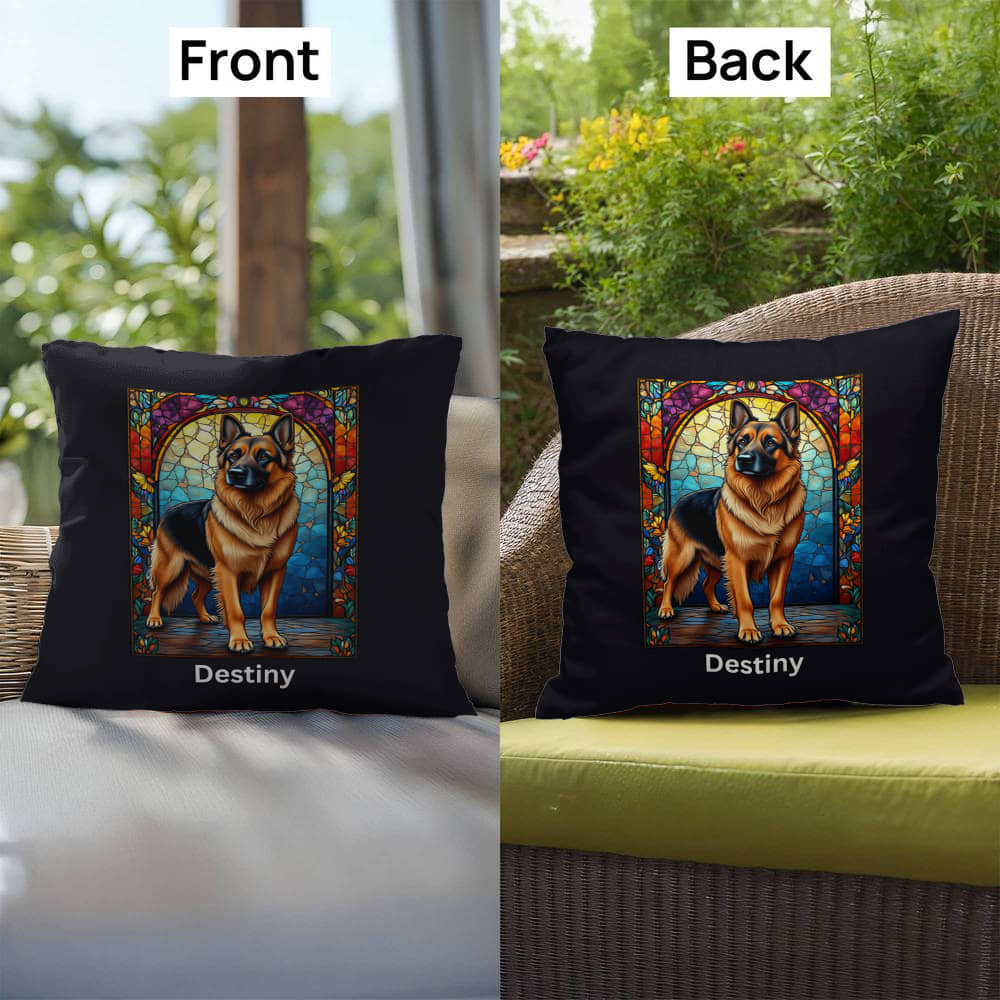 German Shepherd (Black and Tan) Indoor/Outdoor Pillow - Personalized Stained Glass Dog Tribute & Comfort Gift