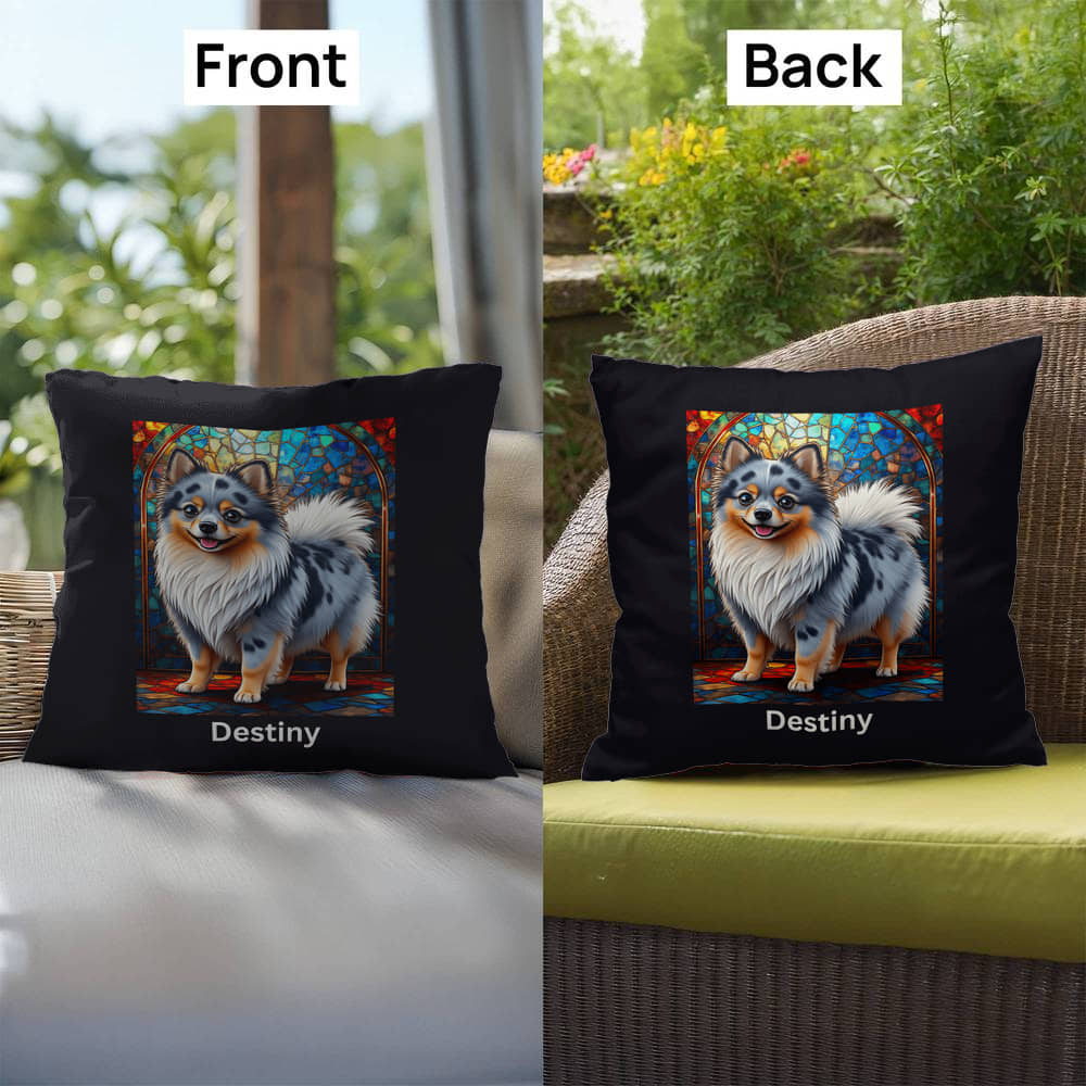 Pomeranian (Blue Merle) Indoor/Outdoor Pillow - Personalized Stained Glass Dog Tribute & Comfort Gift