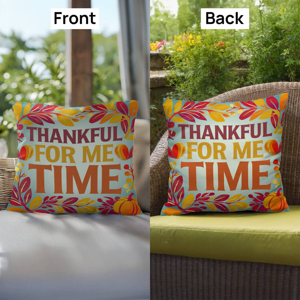 Thankful For Me Time throw pillow with fall mindfulness message and bright cozy home décor