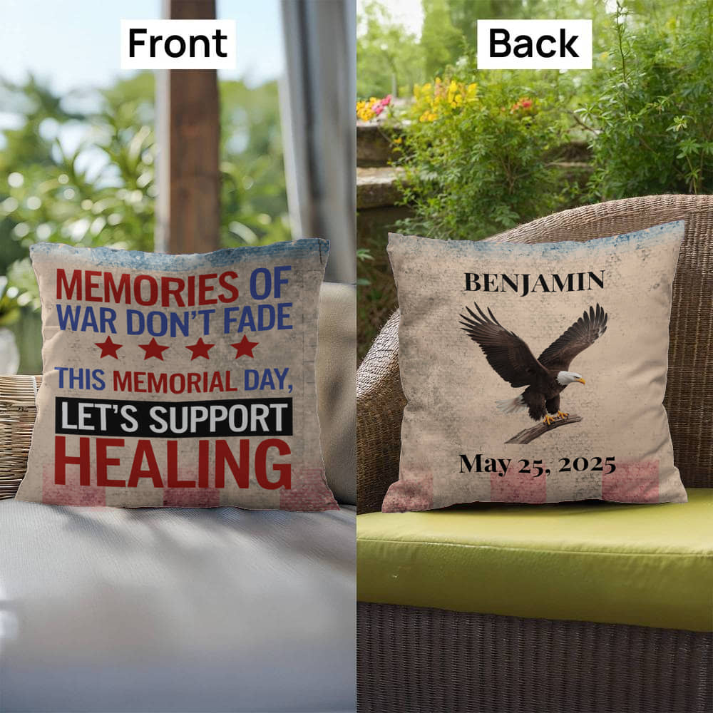 Memories of War Don’t Fade custom pillow with veteran tribute theme, PTSD awareness, and military remembrance design