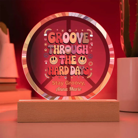 Shop our groove through 7 acrylic circle plaque featuring the Battery Powered LED Base style option from MySisterIsASurvivor.