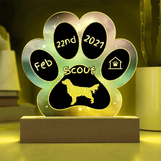 Shop our golden retriever personalized dog gotcha day acrylic paw print plaque featuring the Battery Powered LED Base style option from MySisterIsASurvivor.