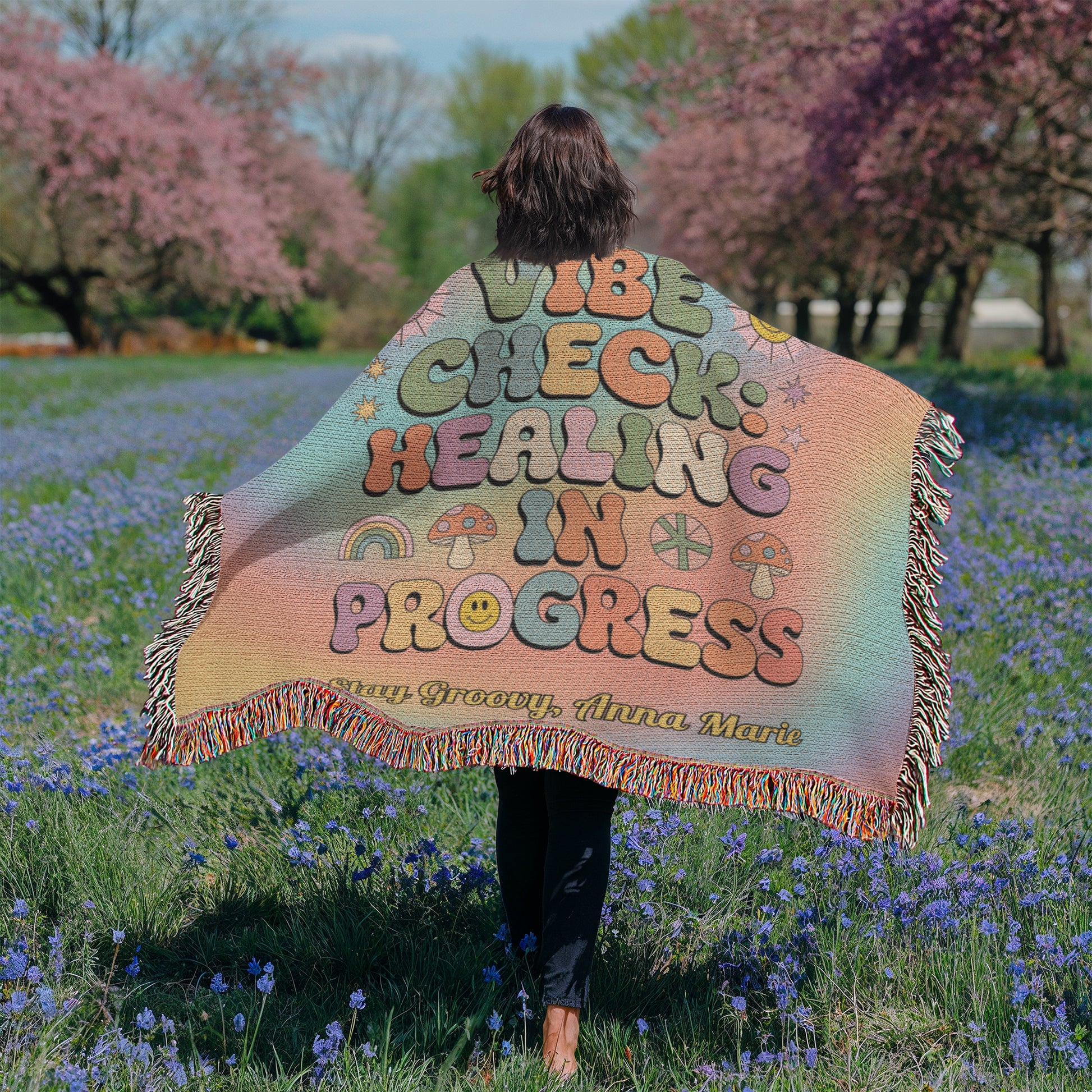 Vibe Check Healing in Progress woven blanket with mental health affirmation and custom name area