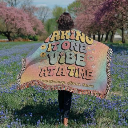 Taking It One Vibe at a Time personalized woven therapy blanket with retro mental health support message