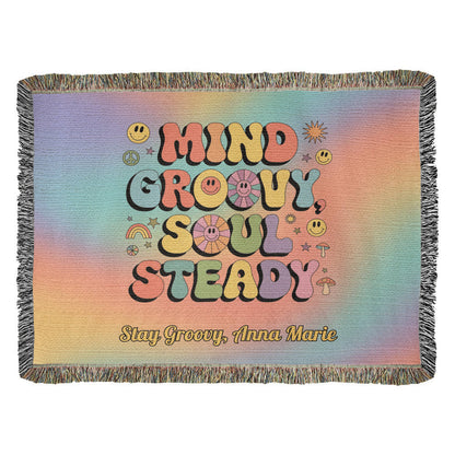 Mind Groovy, Soul Steady personalized woven blanket, retro mental health throw for comfort & calm - MySisterIsASurvivor