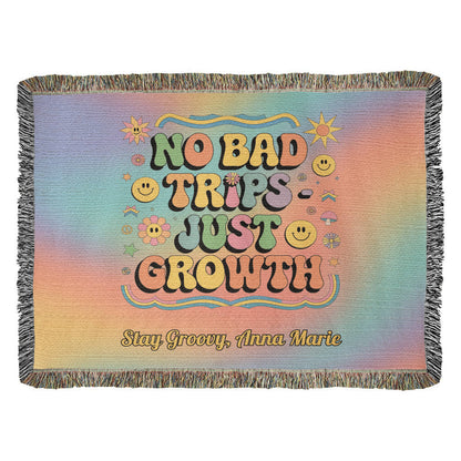 No Bad Trips Just Growth retro affirmation woven blanket personalized for therapy and burnout recovery